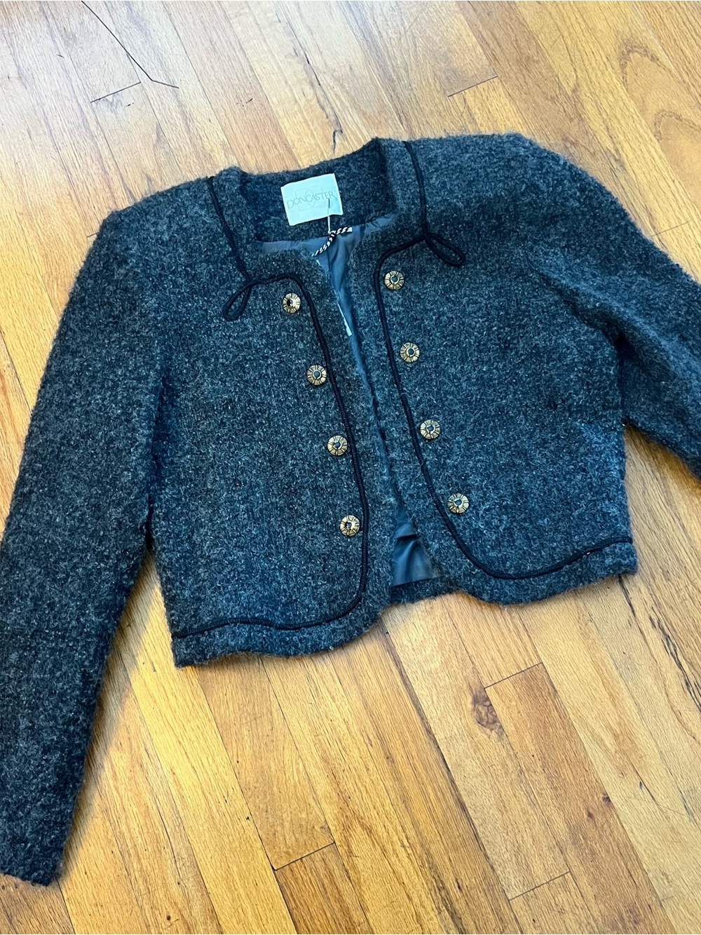 Doncaster Dark Gray Cropped Bouclé Blazer with Gold Buttons